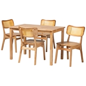 Baxton Studio Dulcet Mid-Century Modern Oak Brown Finished Wood and Rattan 5-Piece Dining Set